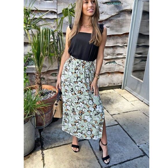 ICHI IZZY MAXI SKIRT - GREEN FLORAL Women's Large Relaxed Fit Elastic Waist - Picture 1 of 9